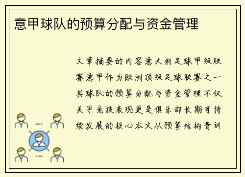 意甲球队的预算分配与资金管理